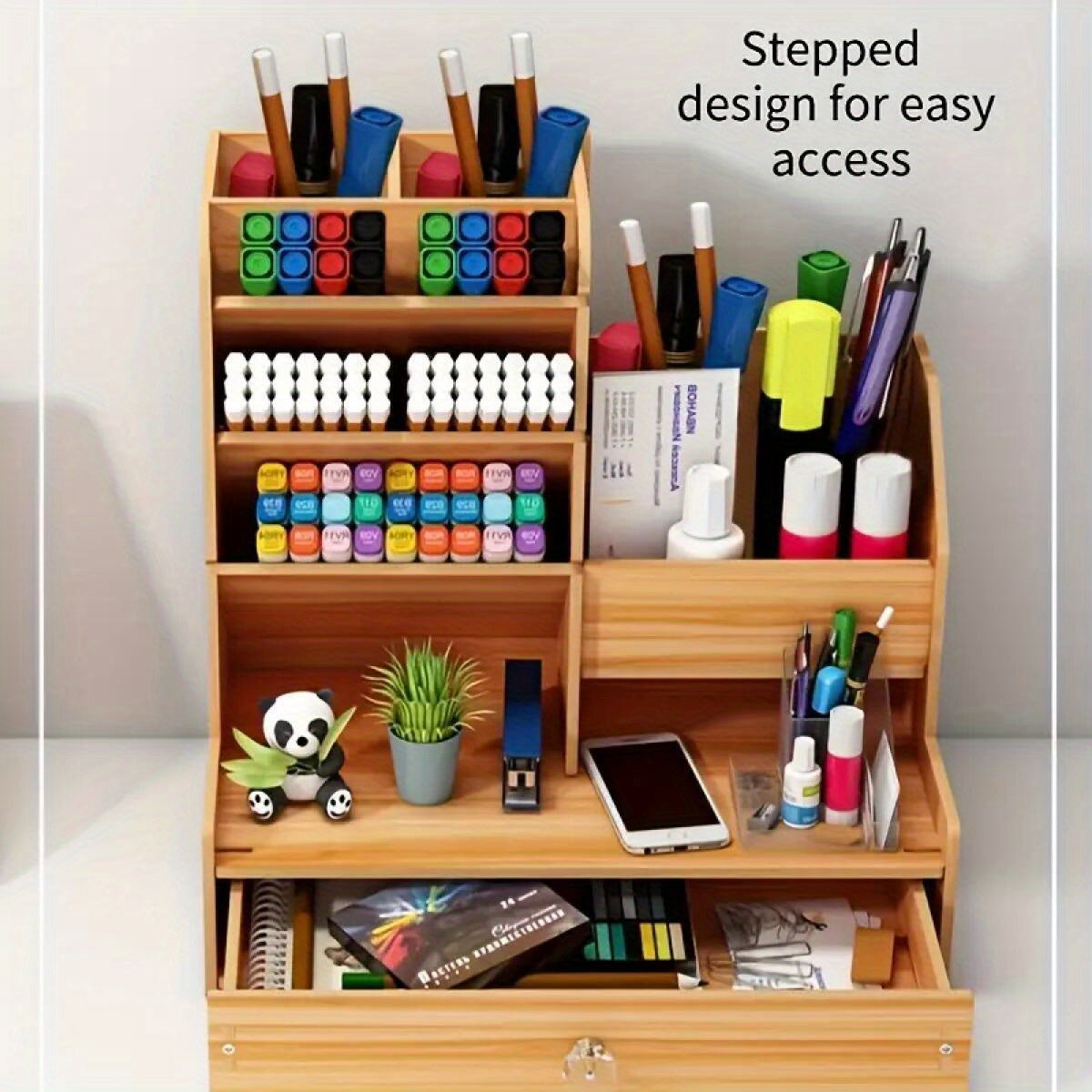 1 Piece Multifunctional Wooden Desk Organiser - Easy to Assemble, DIY Pen Holder, Desk Pen Organiser, Desktop Stationery, Home Office Art Supplies Organiser with Drawer