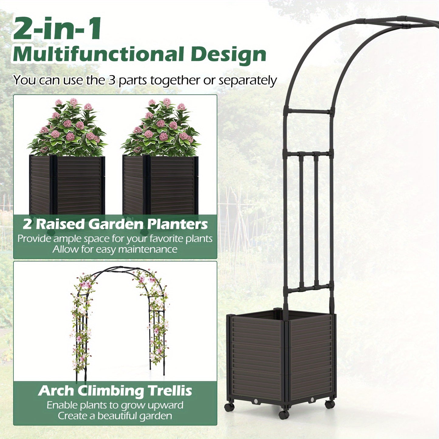 Homasis 6.6 FT Tall Metal Garden Arbor w/ 2 Raised Garden Planters Arch Trellis Outdoor