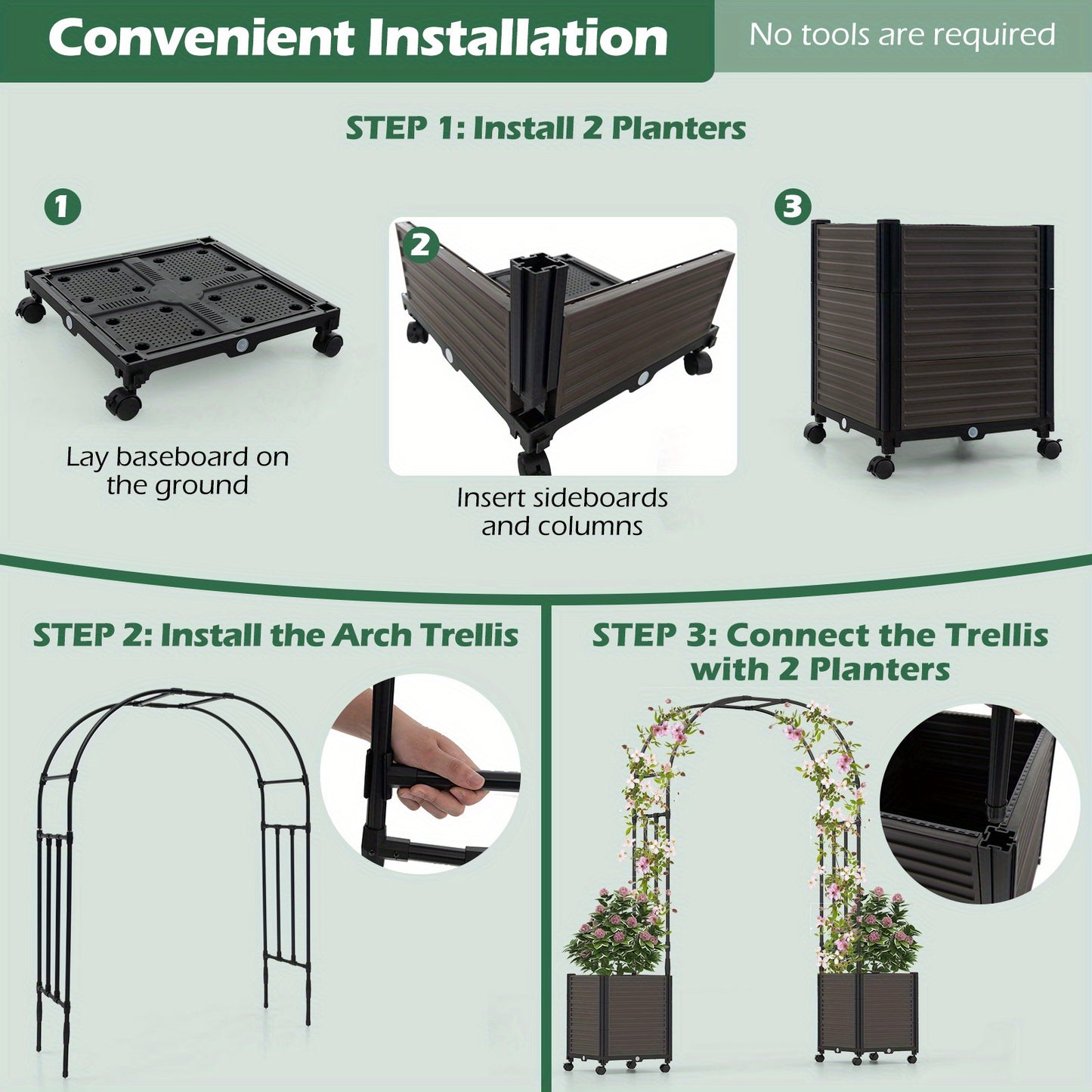 Homasis 6.6 FT Tall Metal Garden Arbor w/ 2 Raised Garden Planters Arch Trellis Outdoor