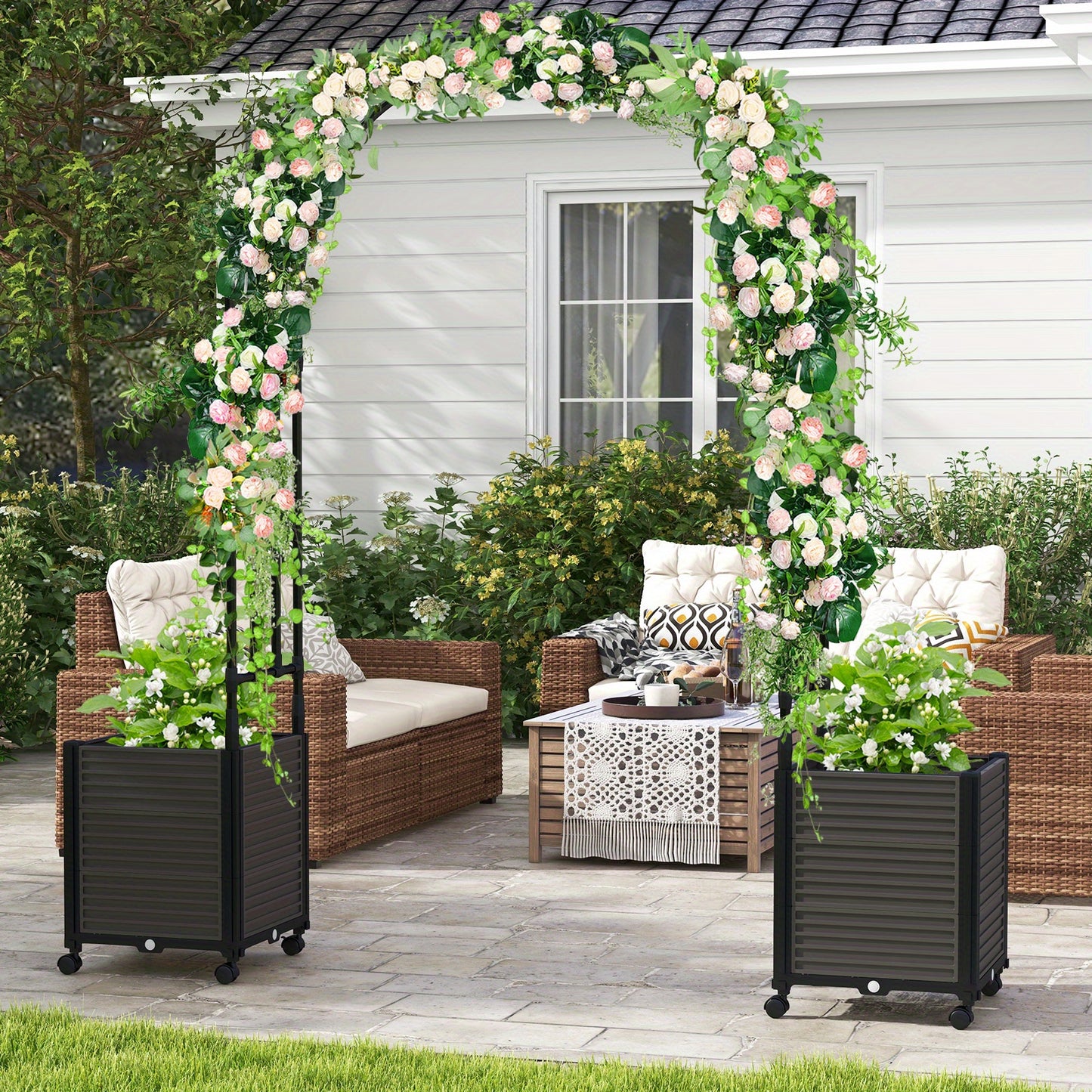 Homasis 6.6 FT Tall Metal Garden Arbor w/ 2 Raised Garden Planters Arch Trellis Outdoor