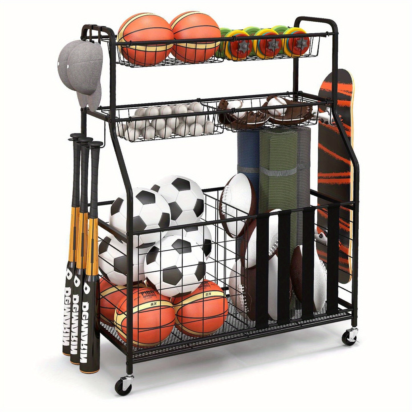 Portable Homasis Sports Equipment Cart - Outdoor Recreation Camping & Hiking Organizer with Wheels, Hooks, and Baskets for Basketball, Football, Soccer, and More - Durable, Space-Saving, and Easy to Assemble