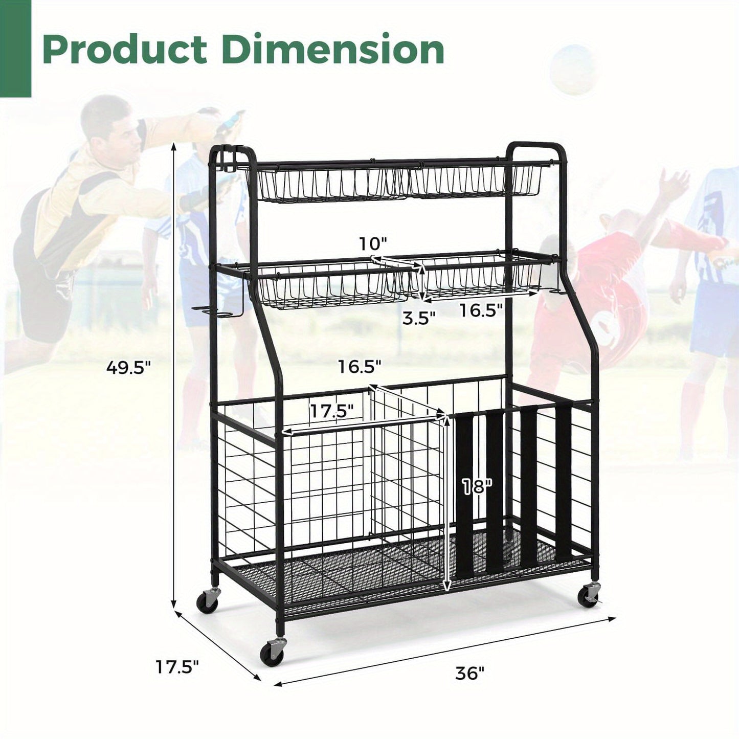 Portable Homasis Sports Equipment Cart - Outdoor Recreation Camping & Hiking Organizer with Wheels, Hooks, and Baskets for Basketball, Football, Soccer, and More - Durable, Space-Saving, and Easy to Assemble