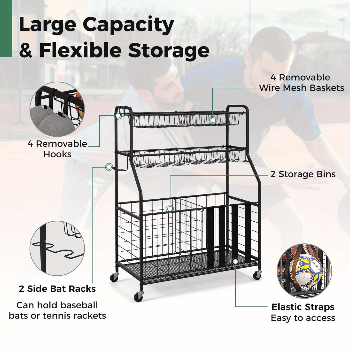 Portable Homasis Sports Equipment Cart - Outdoor Recreation Camping & Hiking Organizer with Wheels, Hooks, and Baskets for Basketball, Football, Soccer, and More - Durable, Space-Saving, and Easy to Assemble