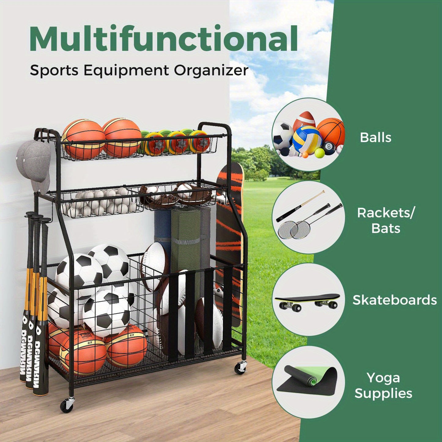 Portable Homasis Sports Equipment Cart - Outdoor Recreation Camping & Hiking Organizer with Wheels, Hooks, and Baskets for Basketball, Football, Soccer, and More - Durable, Space-Saving, and Easy to Assemble