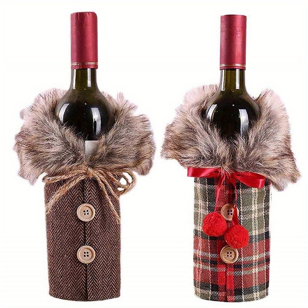 Holiday Wine Bottle Decors/Bags Set of 7: Checkers & herringbone Covers with Faux Fur Collar; Santa Clause, Snowman & Reindeer Drawstring Bags; Bottle Stoppers Silicone Christmas Decor Gift