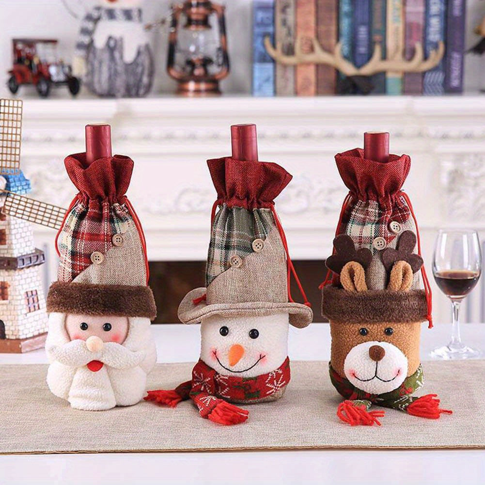 Holiday Wine Bottle Decors/Bags Set of 7: Checkers & herringbone Covers with Faux Fur Collar; Santa Clause, Snowman & Reindeer Drawstring Bags; Bottle Stoppers Silicone Christmas Decor Gift