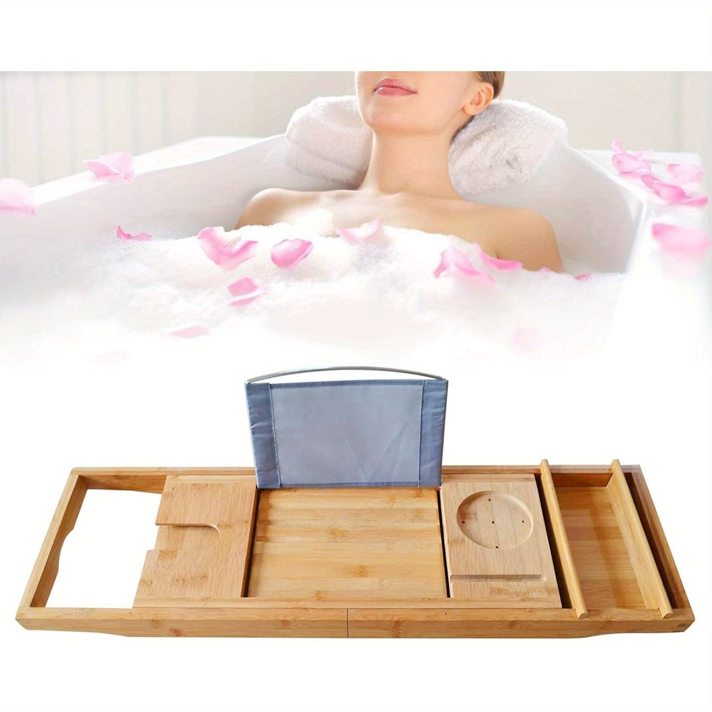 Length Adjustable Natural Wood OUKANING Bamboo Bath Tray, Table Bathroom Tub Shelf Bath Desk Movable Pad Tablet Holder Over Tub Shelf