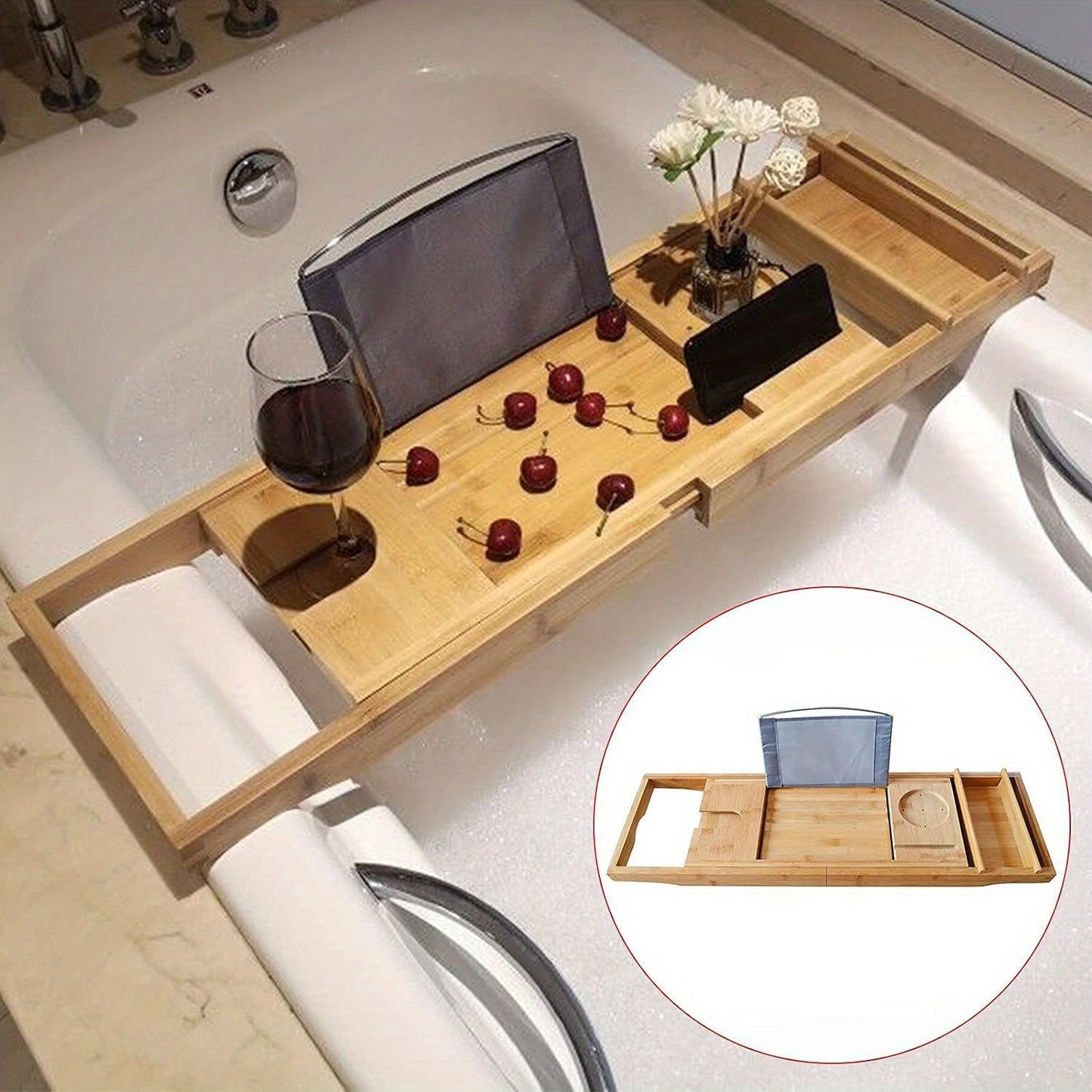 Length Adjustable Natural Wood OUKANING Bamboo Bath Tray, Table Bathroom Tub Shelf Bath Desk Movable Pad Tablet Holder Over Tub Shelf