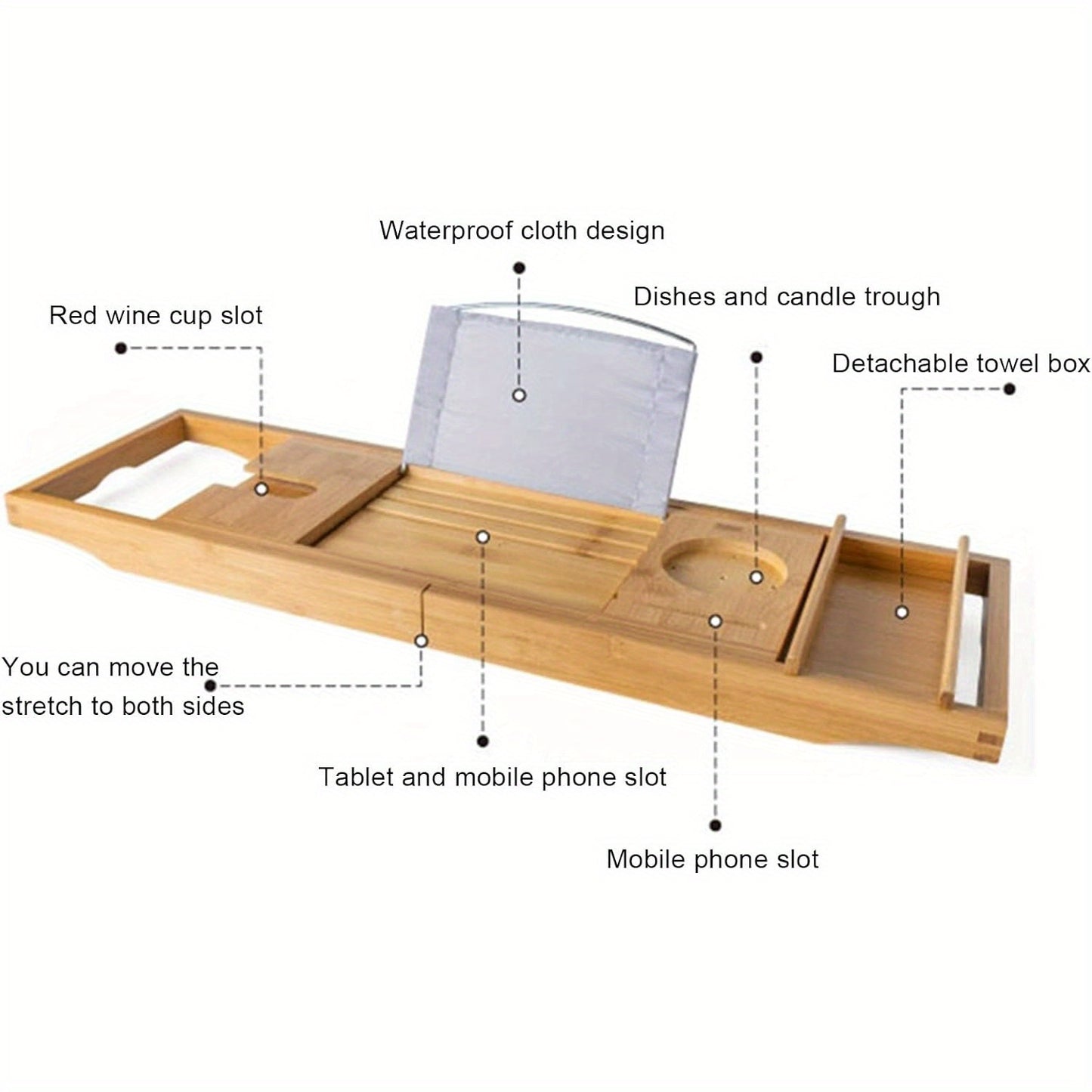 Length Adjustable Natural Wood OUKANING Bamboo Bath Tray, Table Bathroom Tub Shelf Bath Desk Movable Pad Tablet Holder Over Tub Shelf