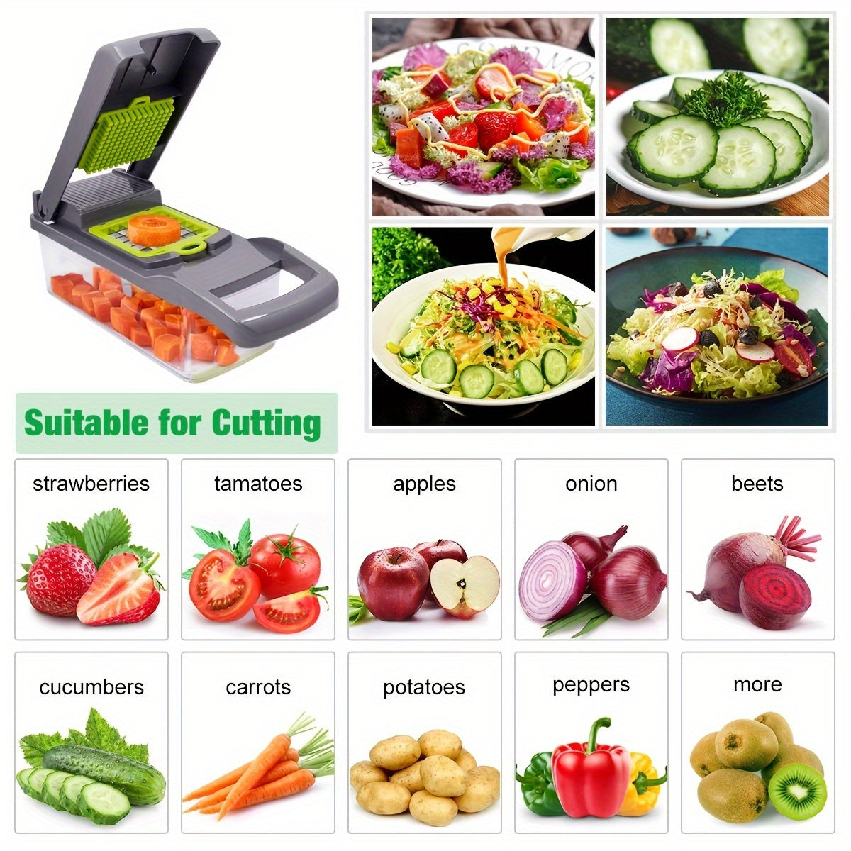 14-in-1 EasyPro Vegetable Chopper - Kitchen Utensil & Gadget for Effortless Slicing, Dicing, and Cubing of Onions, Potatoes, Tomatoes, Cucumbers, and Carrots - Space-Saving, Time-Saving, and Easy-to-Clean Design for Home Cook