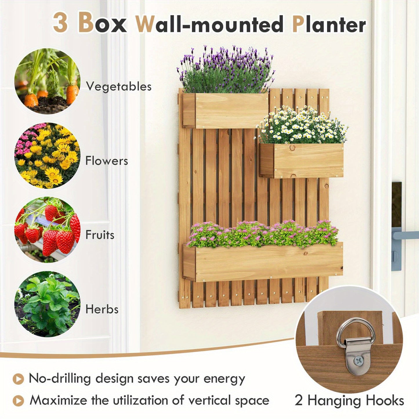 SAFSTAR Wall Mounted Garden Planter with 3 Planter Boxes Drainage Holes Non-woven Liners