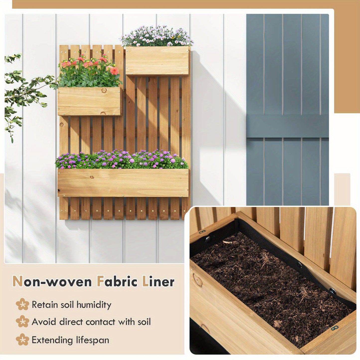 SAFSTAR Wall Mounted Garden Planter with 3 Planter Boxes Drainage Holes Non-woven Liners