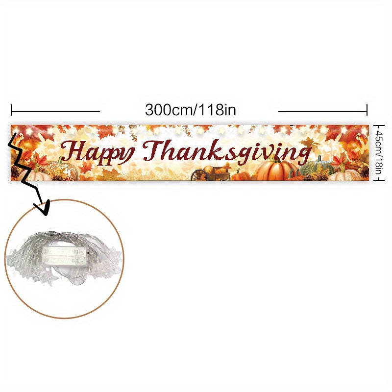 Happy Thanksgiving Banner - 118"x18" Vibrant Pumpkin Harvest Scene, Durable Polyester Outdoor & Indoor Decor for Home, Party, Photo Booth - Includes Free Installation Kit & String Lights