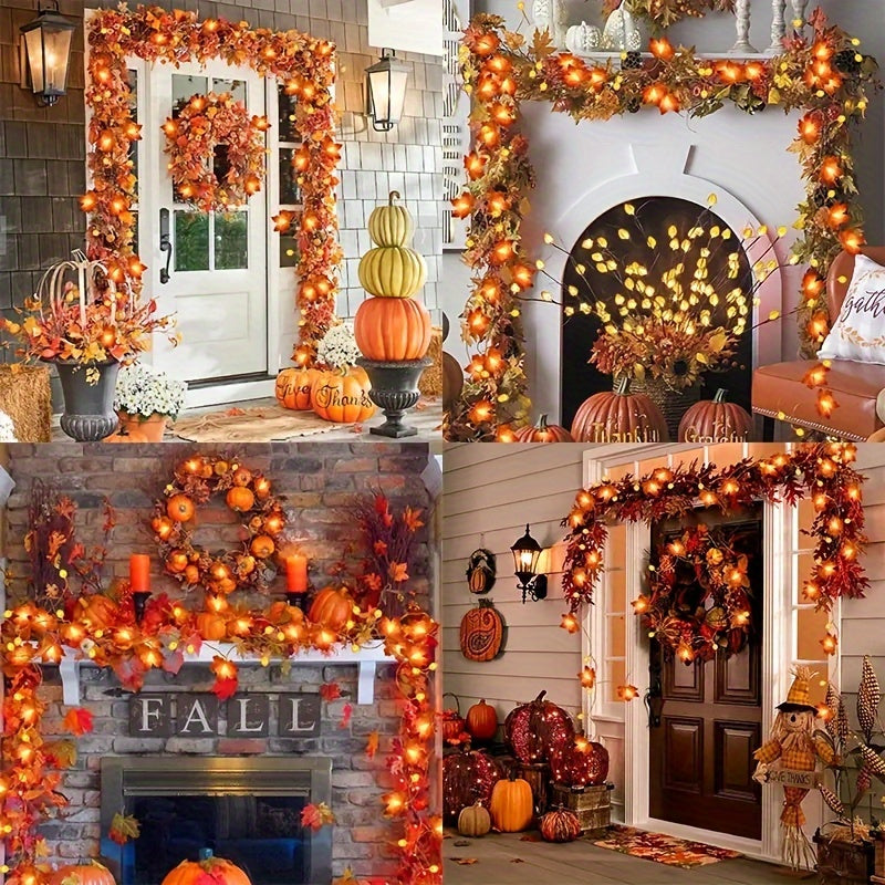 Thanksgiving Halloween Maple Leaf Pumpkin Garland - 19.6ft 40 LED, 9.8ft 20 LED & 6.5ft 10 LED String Lights Set - Battery Operated with Timer, Rustic Plastic, Fantasy Themed Indoor Outdoor Decoration