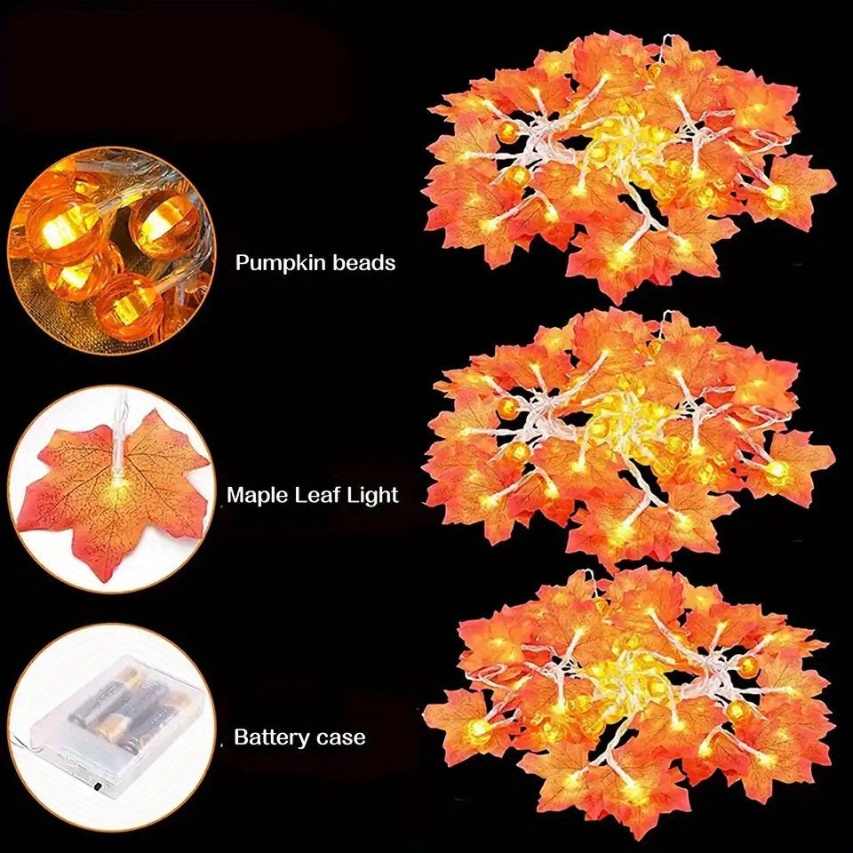 Thanksgiving Halloween Maple Leaf Pumpkin Garland - 19.6ft 40 LED, 9.8ft 20 LED & 6.5ft 10 LED String Lights Set - Battery Operated with Timer, Rustic Plastic, Fantasy Themed Indoor Outdoor Decoration