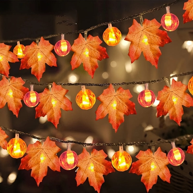 Thanksgiving Halloween Maple Leaf Pumpkin Garland - 19.6ft 40 LED, 9.8ft 20 LED & 6.5ft 10 LED String Lights Set - Battery Operated with Timer, Rustic Plastic, Fantasy Themed Indoor Outdoor Decoration