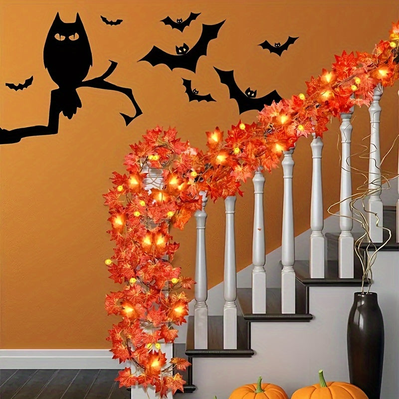 Thanksgiving Halloween Maple Leaf Pumpkin Garland - 19.6ft 40 LED, 9.8ft 20 LED & 6.5ft 10 LED String Lights Set - Battery Operated with Timer, Rustic Plastic, Fantasy Themed Indoor Outdoor Decoration