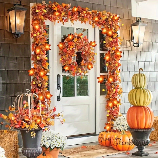 Thanksgiving Halloween Maple Leaf Pumpkin Garland - 19.6ft 40 LED, 9.8ft 20 LED & 6.5ft 10 LED String Lights Set - Battery Operated with Timer, Rustic Plastic, Fantasy Themed Indoor Outdoor Decoration