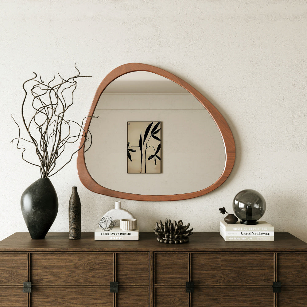 45 Inch Solid Wood Asymmetrical Wall Mirror - Large Sized Wooden Framed Dressing Mirror for Living Room, Bedroom, Bathroom, Hallway or Entry Way with Classic Style