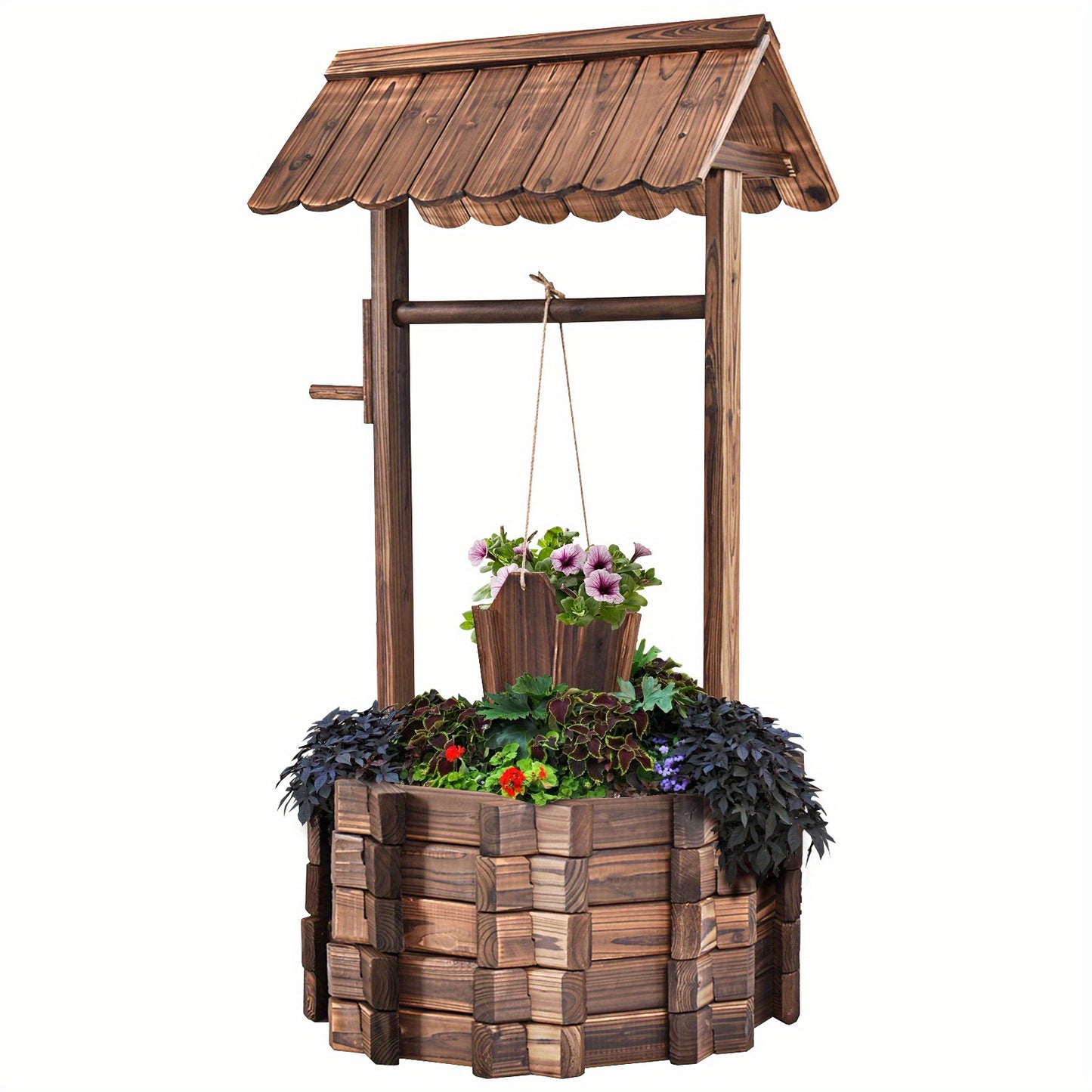 Gymax Outdoor Wooden Wishing Well Bucket Flower Plants Planter Patio Garden Home Decor