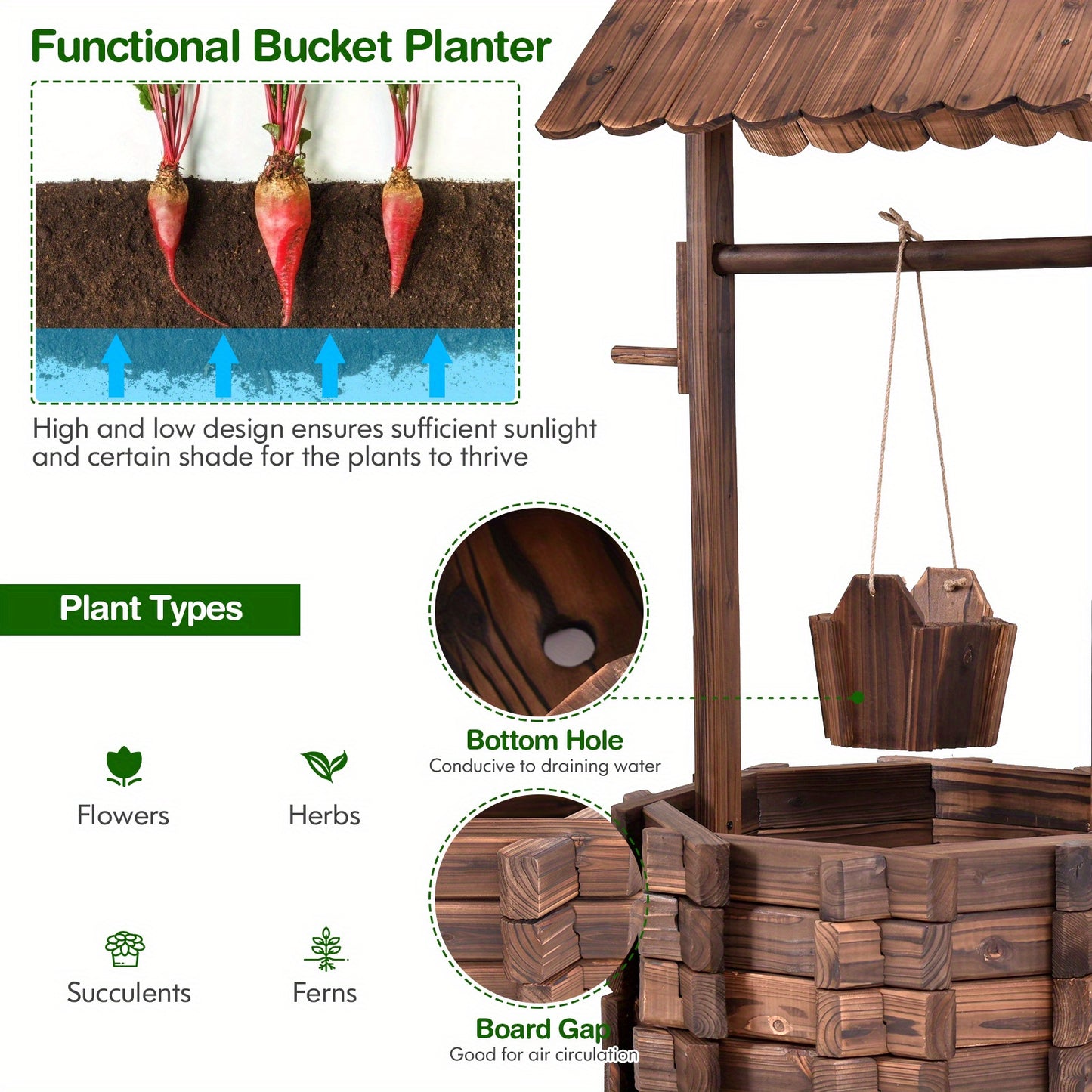 Gymax Outdoor Wooden Wishing Well Bucket Flower Plants Planter Patio Garden Home Decor