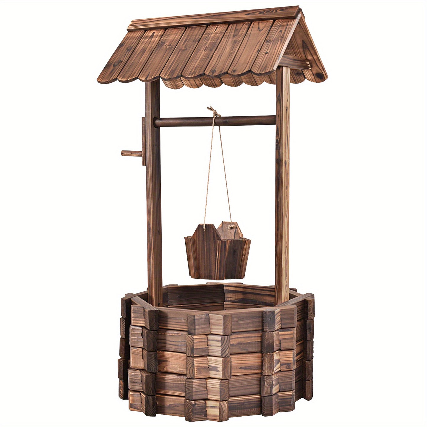 Gymax Outdoor Wooden Wishing Well Bucket Flower Plants Planter Patio Garden Home Decor