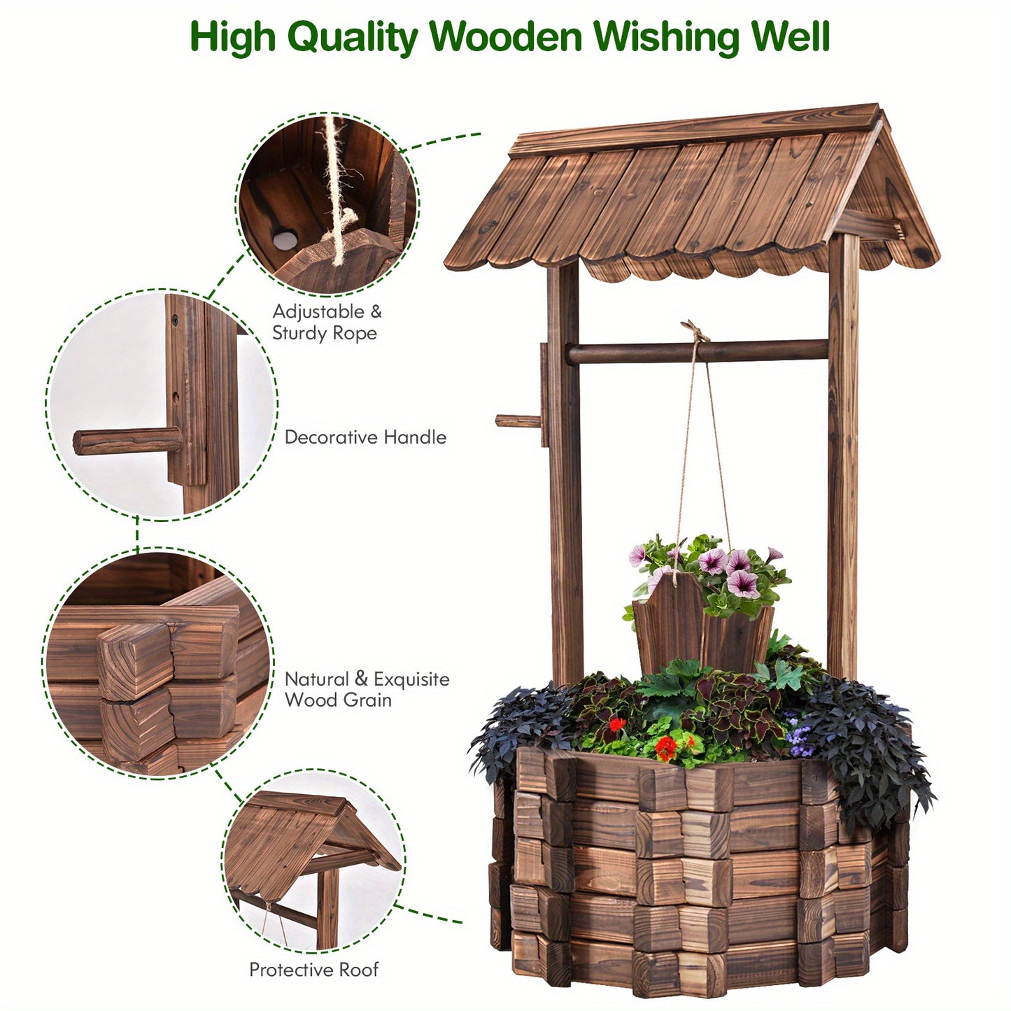 Gymax Outdoor Wooden Wishing Well Bucket Flower Plants Planter Patio Garden Home Decor