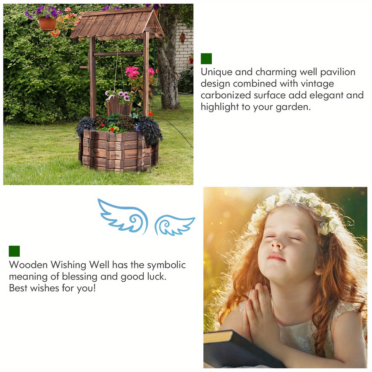 Gymax Outdoor Wooden Wishing Well Bucket Flower Plants Planter Patio Garden Home Decor