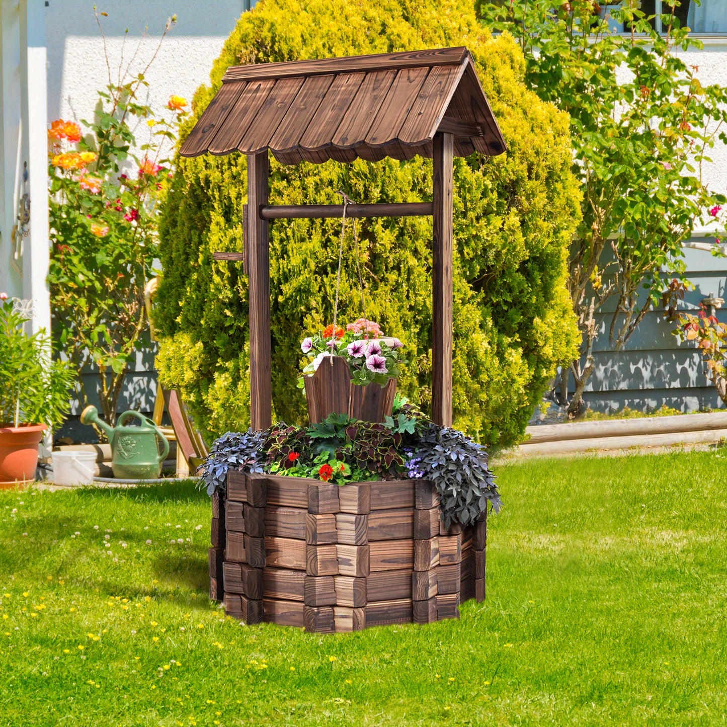 Gymax Outdoor Wooden Wishing Well Bucket Flower Plants Planter Patio Garden Home Decor