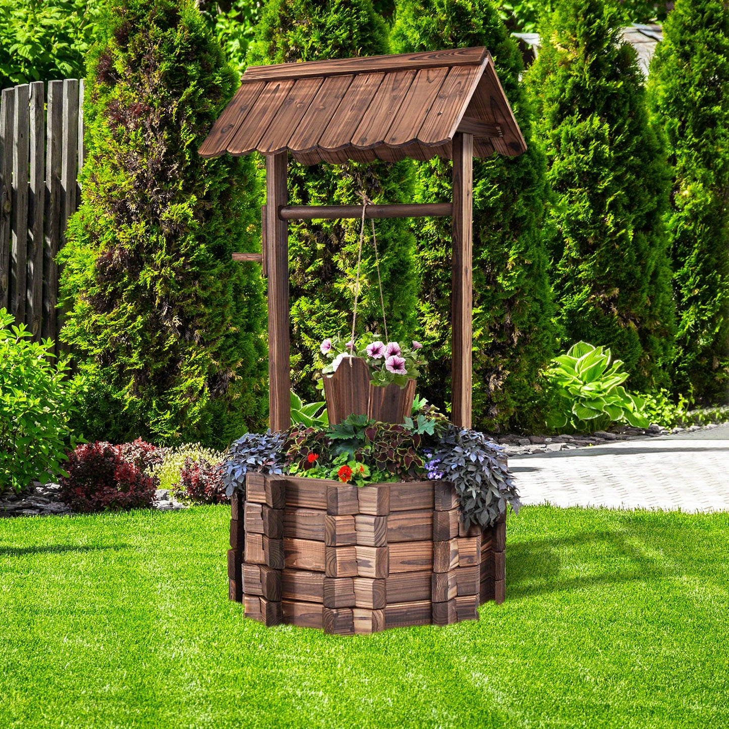 Gymax Outdoor Wooden Wishing Well Bucket Flower Plants Planter Patio Garden Home Decor