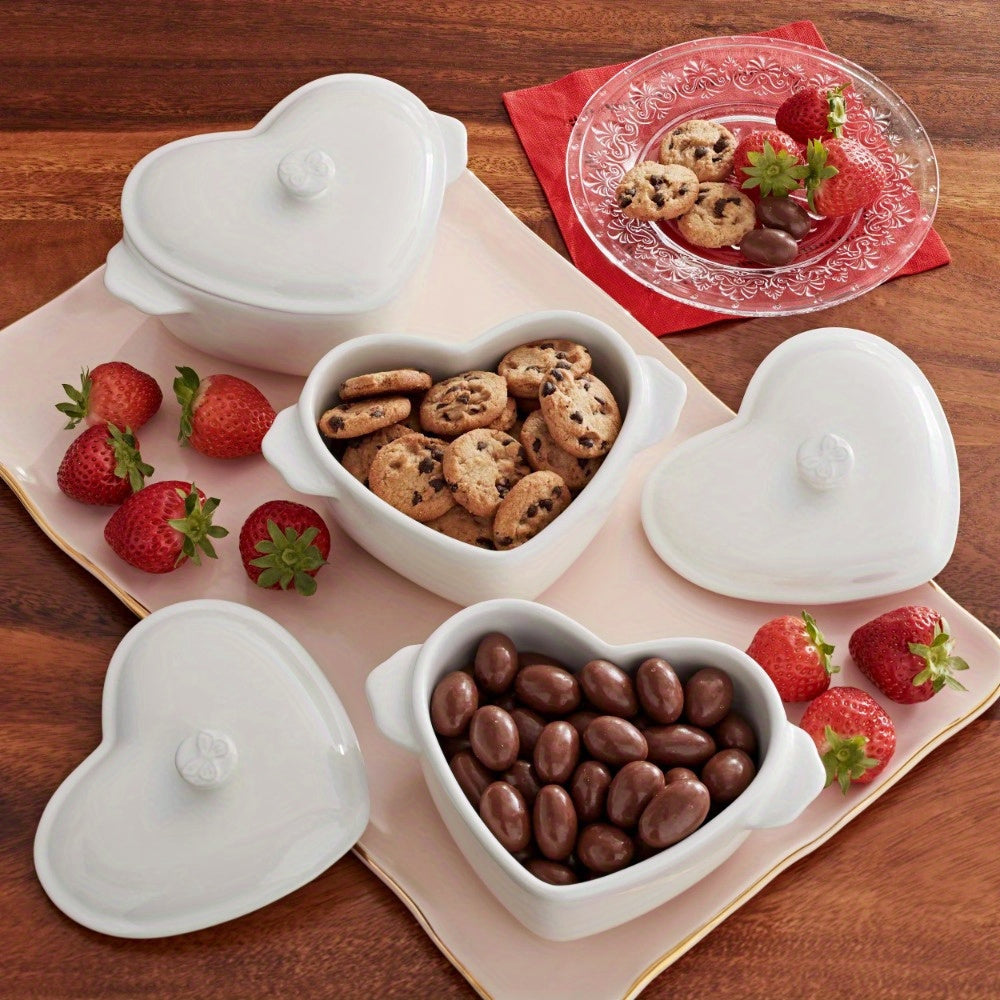 3-Piece Linen Colored Mini Hearts Ceramic Baking Dish with Lid,