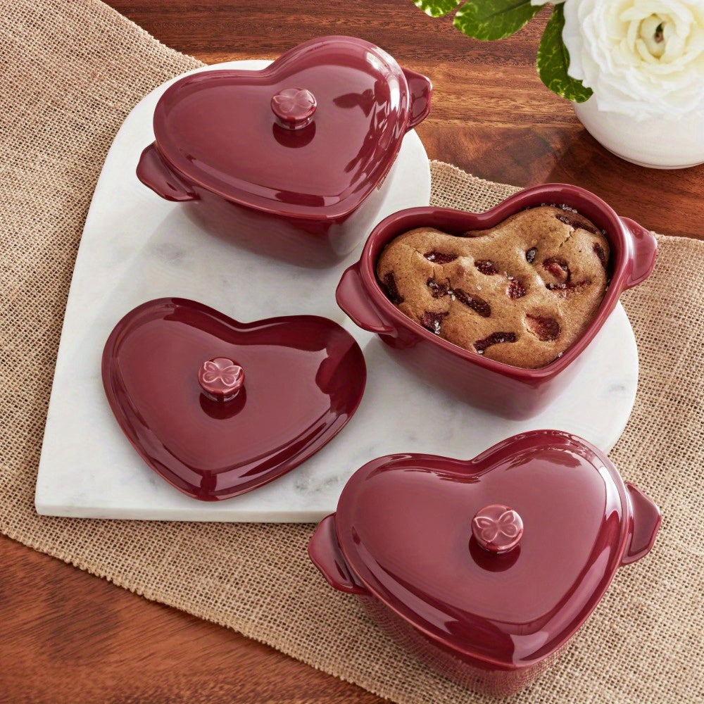 3-Piece Linen Colored Mini Hearts Ceramic Baking Dish with Lid,