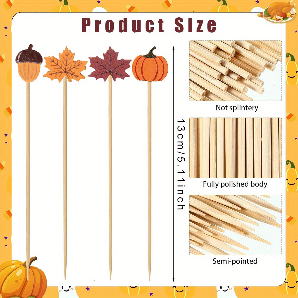 Autumn Cocktail Picks: 50/100 Pcs Bamboo Toothpicks with Maple Leaves, Pumpkins, And Acorns - Festive Fall Themed Toothpicks for Cocktails, Fruit Drinks, And Desserts - Perfect for Thanksgiving Day Decorations And Parties