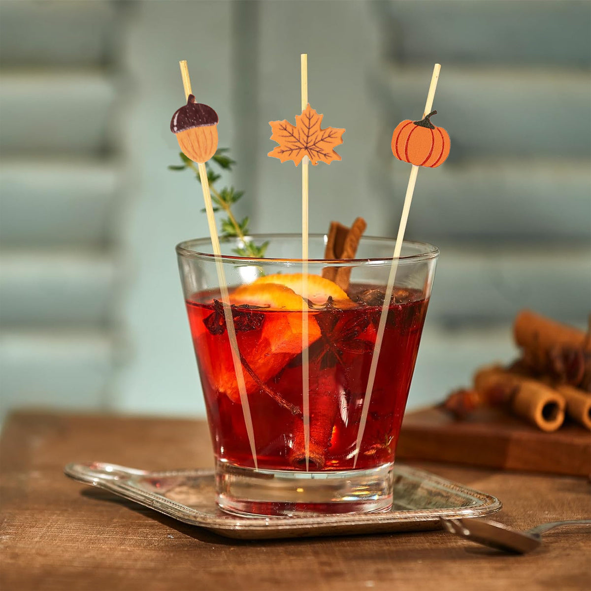 Autumn Cocktail Picks: 50/100 Pcs Bamboo Toothpicks with Maple Leaves, Pumpkins, And Acorns - Festive Fall Themed Toothpicks for Cocktails, Fruit Drinks, And Desserts - Perfect for Thanksgiving Day Decorations And Parties