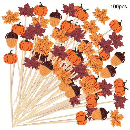 Autumn Cocktail Picks: 50/100 Pcs Bamboo Toothpicks with Maple Leaves, Pumpkins, And Acorns - Festive Fall Themed Toothpicks for Cocktails, Fruit Drinks, And Desserts - Perfect for Thanksgiving Day Decorations And Parties