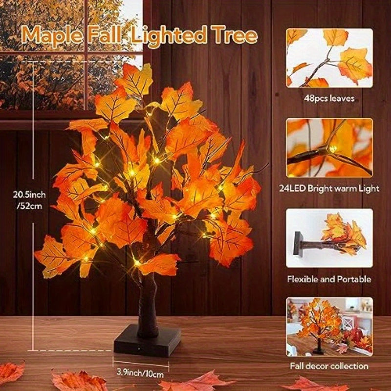 24 LED Fall Tree - Trees with Maple Leaf Design, Indoor Outdoor Holiday Decoration Lights for Autumn Harvest, Thanksgiving, Xmas Party Home Decor, Table Centerpiece