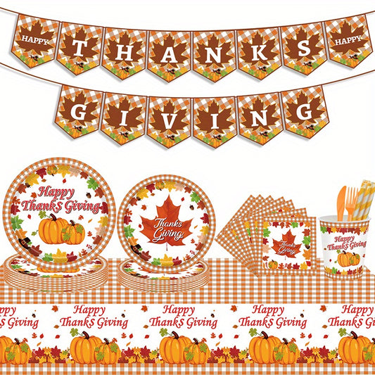 170pcs Disposable tableware set, Thanksgiving party tableware set, maple leaf tableware set, pumpkin tableware set, including tablecloth, paper towels, paper cups, paper plates, flags, knives, forks and straws, 24 servings