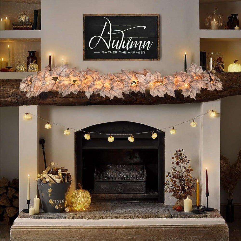 Autumn Maple Leaf Lighted Garland Decoration – 8.2Ft 30 LED Fall Leaves String Lights – AA Battery Operated, Not Included – Thanksgiving Mantle Fireplace Harvest Decor for Home, Table Centerpieces, Indoor Use