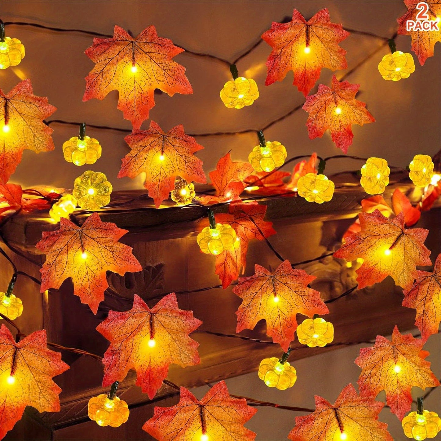 [2 Packs] 30ft 60LED Autumn Thanksgiving Pumpkin Maple Leaf Light, Thanksgiving Pumpkin Simulation Large Maple Leaf String Lights, Autumn Indoor Family Party Decoration (battery Not Included)