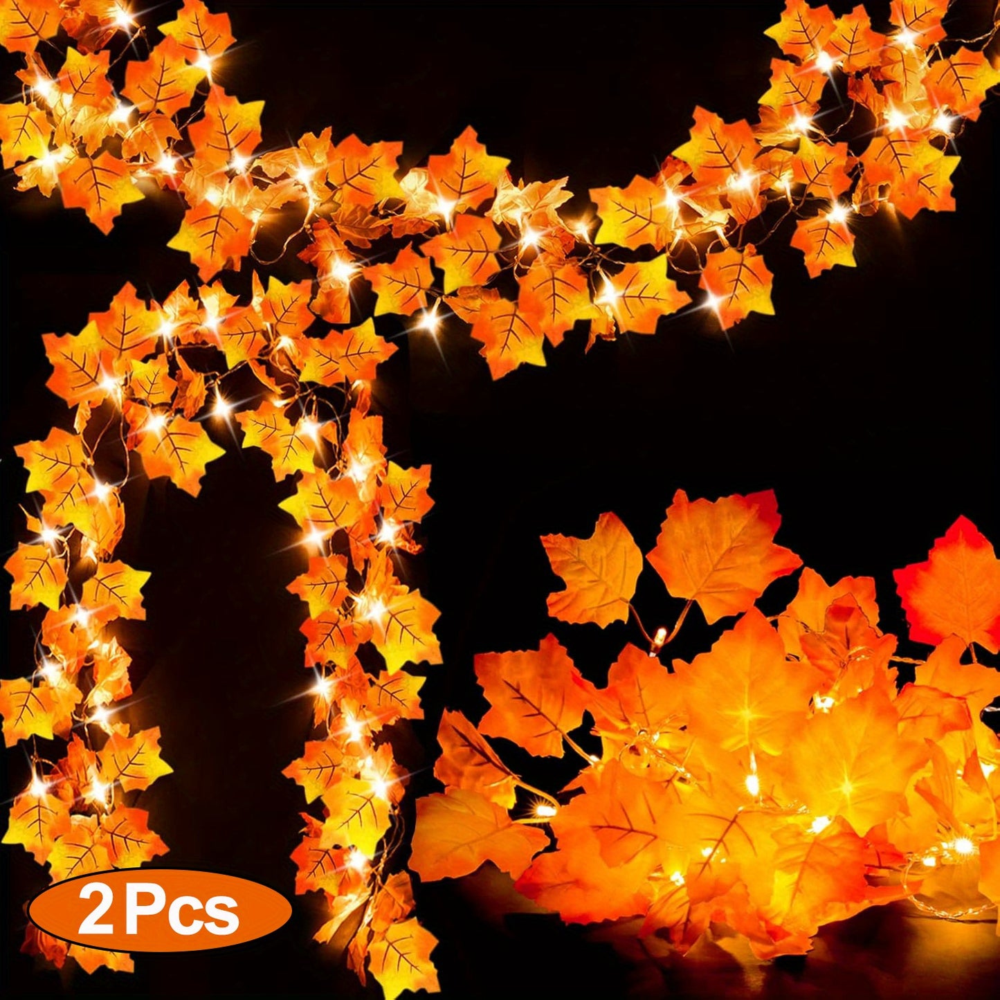 [2 Packs] 30ft 60LED Autumn Thanksgiving Pumpkin Maple Leaf Light, Thanksgiving Pumpkin Simulation Large Maple Leaf String Lights, Autumn Indoor Family Party Decoration (battery Not Included)