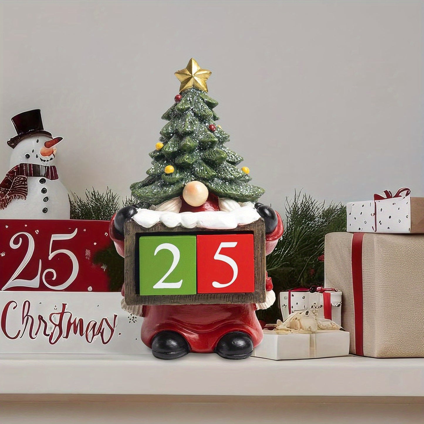 Christmas Countdown Blocks Decorations, 7.4" Resin Santa Gnome Xmas Figurines 2024 Winter Christmas Tree Advent Calendar, Home Mantel Table Top Office Indoor Decor