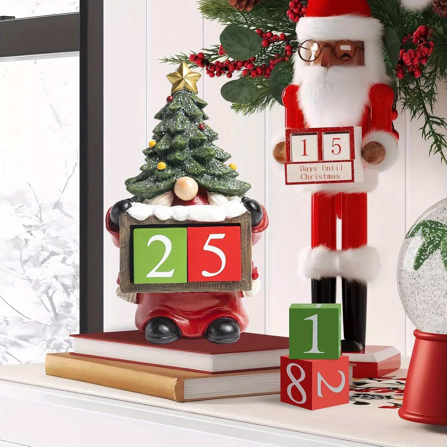 Christmas Countdown Blocks Decorations, 7.4" Resin Santa Gnome Xmas Figurines 2024 Winter Christmas Tree Advent Calendar, Home Mantel Table Top Office Indoor Decor