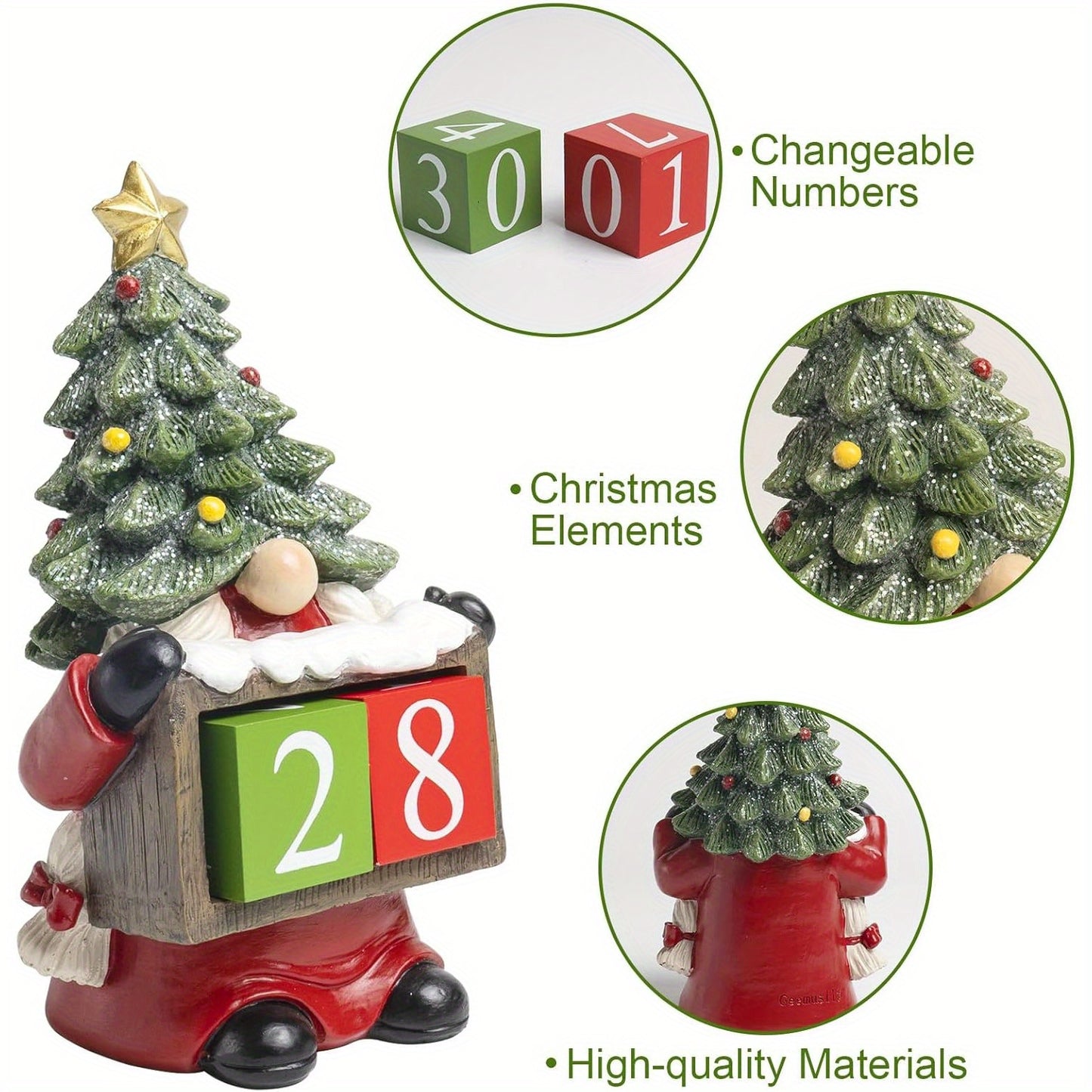 Christmas Countdown Blocks Decorations, 7.4" Resin Santa Gnome Xmas Figurines 2024 Winter Christmas Tree Advent Calendar, Home Mantel Table Top Office Indoor Decor