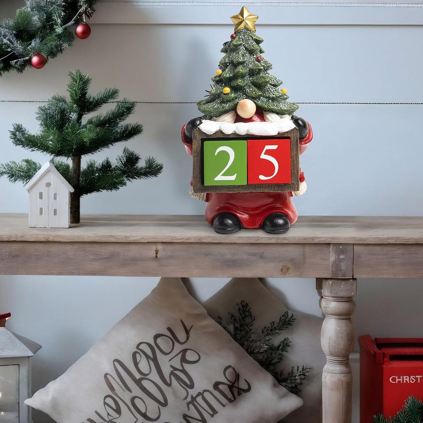 Christmas Countdown Blocks Decorations, 7.4" Resin Santa Gnome Xmas Figurines 2024 Winter Christmas Tree Advent Calendar, Home Mantel Table Top Office Indoor Decor