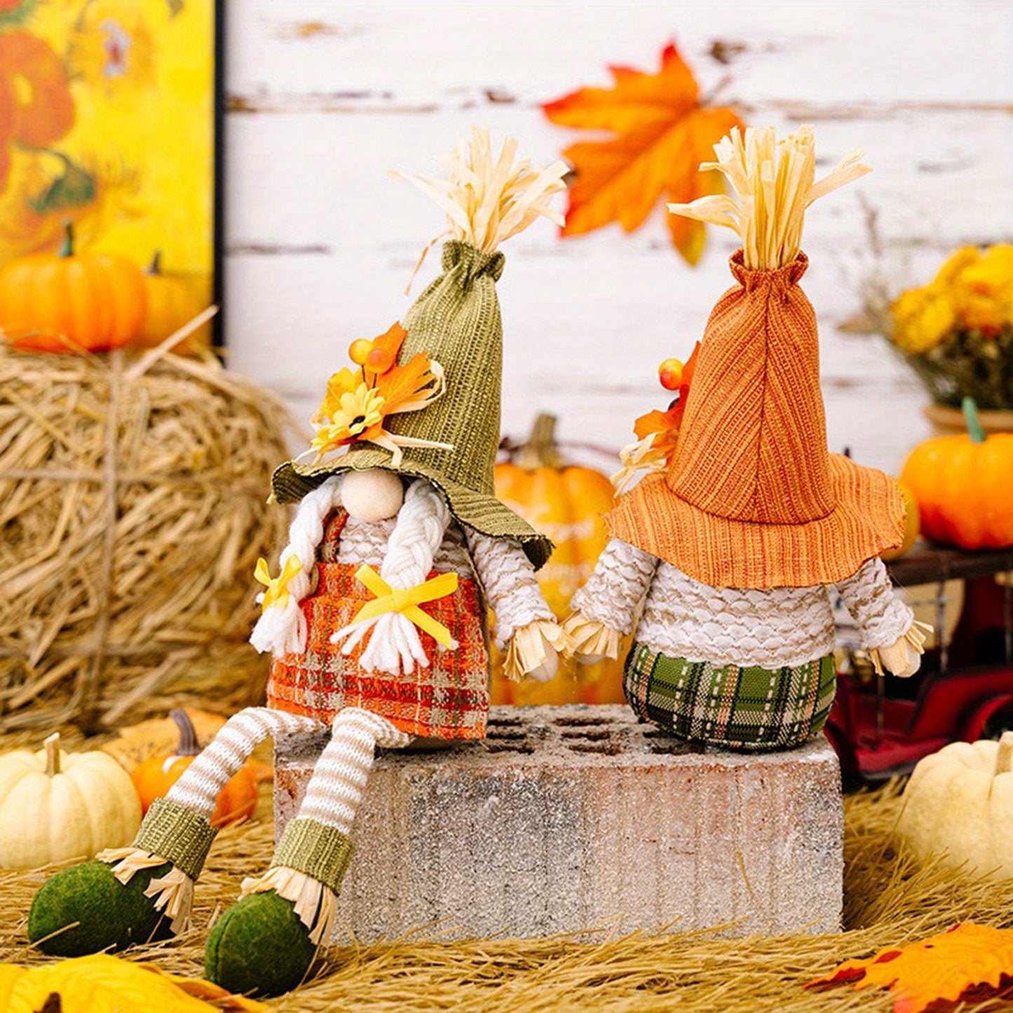 2PCS Thanksgiving Gnome Decorations, Handmade Fall Harvest Gnome Plush Swedish Gnomes Ornaments with Maple Leaves Thanksgiving Gifts Autumn Holiday Home Decorations