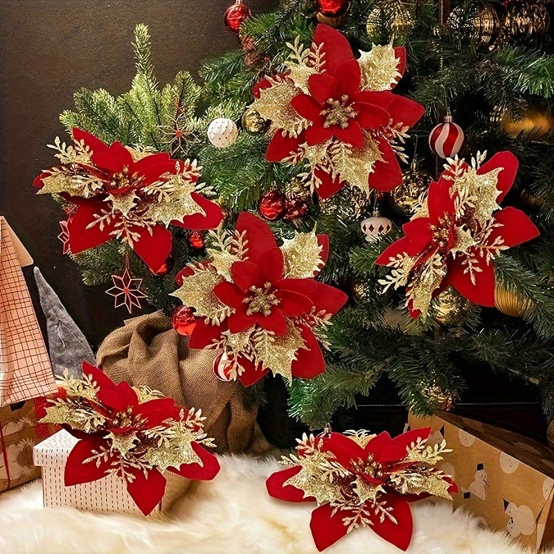 30pcs Set of Sparkling Red Artificial Christmas Flowers with Clips & Stems - Ideal for Tree, Wreath & DIY Decorations, No Power Needed