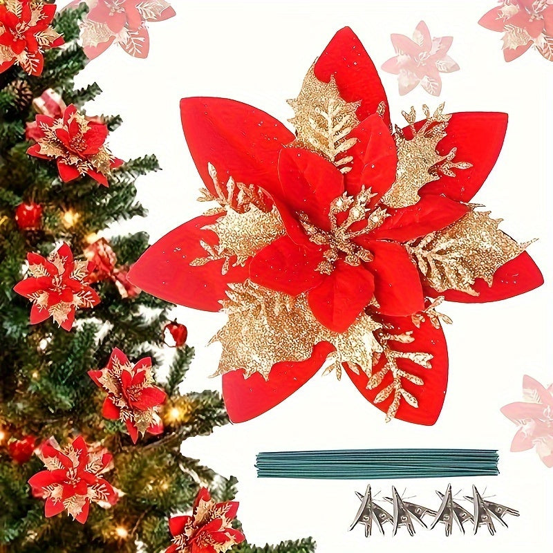 30pcs Set of Sparkling Red Artificial Christmas Flowers with Clips & Stems - Ideal for Tree, Wreath & DIY Decorations, No Power Needed