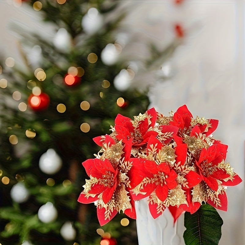 30pcs Set of Sparkling Red Artificial Christmas Flowers with Clips & Stems - Ideal for Tree, Wreath & DIY Decorations, No Power Needed