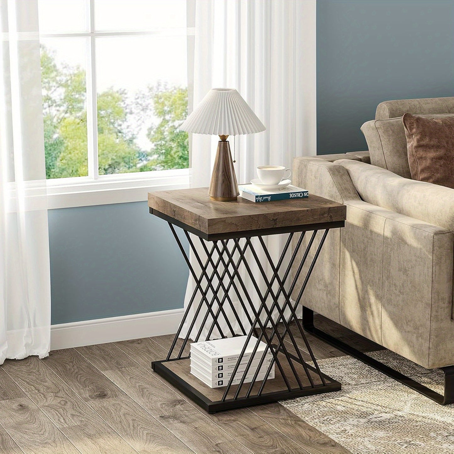 Square Side Table Gray Black End Table 2-Tier End Table Modern Bedside Table Small Side Table with Storage for Couch, Sofa Side Table with Metal Frame for Living Room