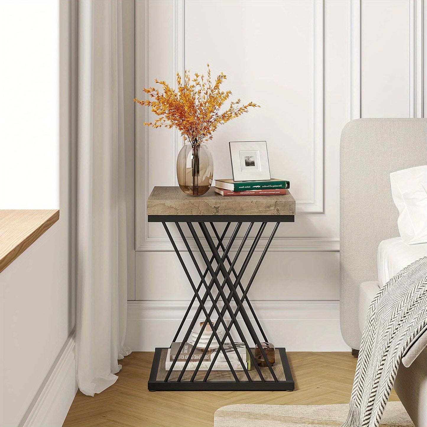 Square Side Table Gray Black End Table 2-Tier End Table Modern Bedside Table Small Side Table with Storage for Couch, Sofa Side Table with Metal Frame for Living Room